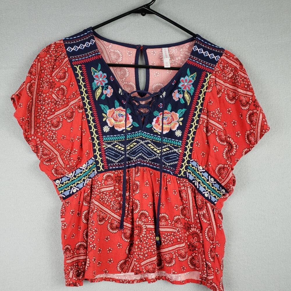 Women's XS Floral Embroidered Peasant Top Red Paisley Western Bohemian Indie